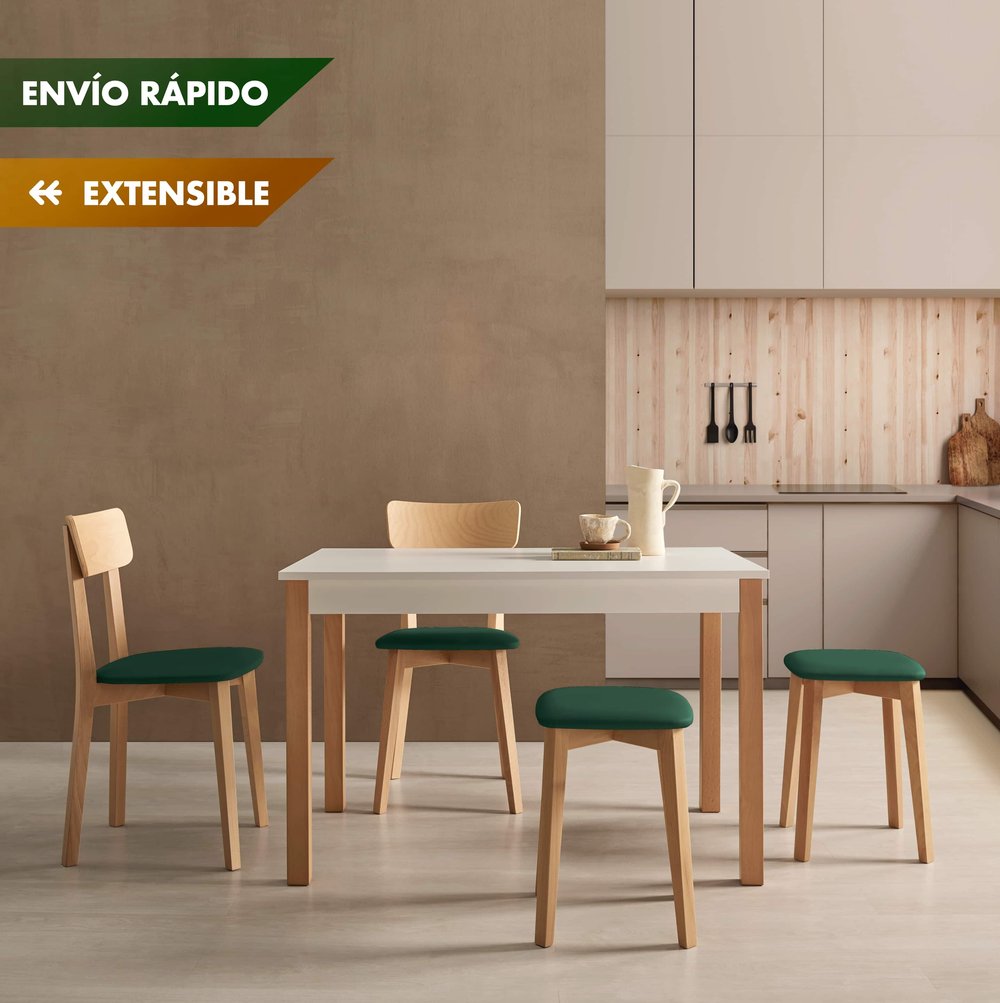 Conjunto de pack de mesa extensible encimera cristal y sillas de cocina