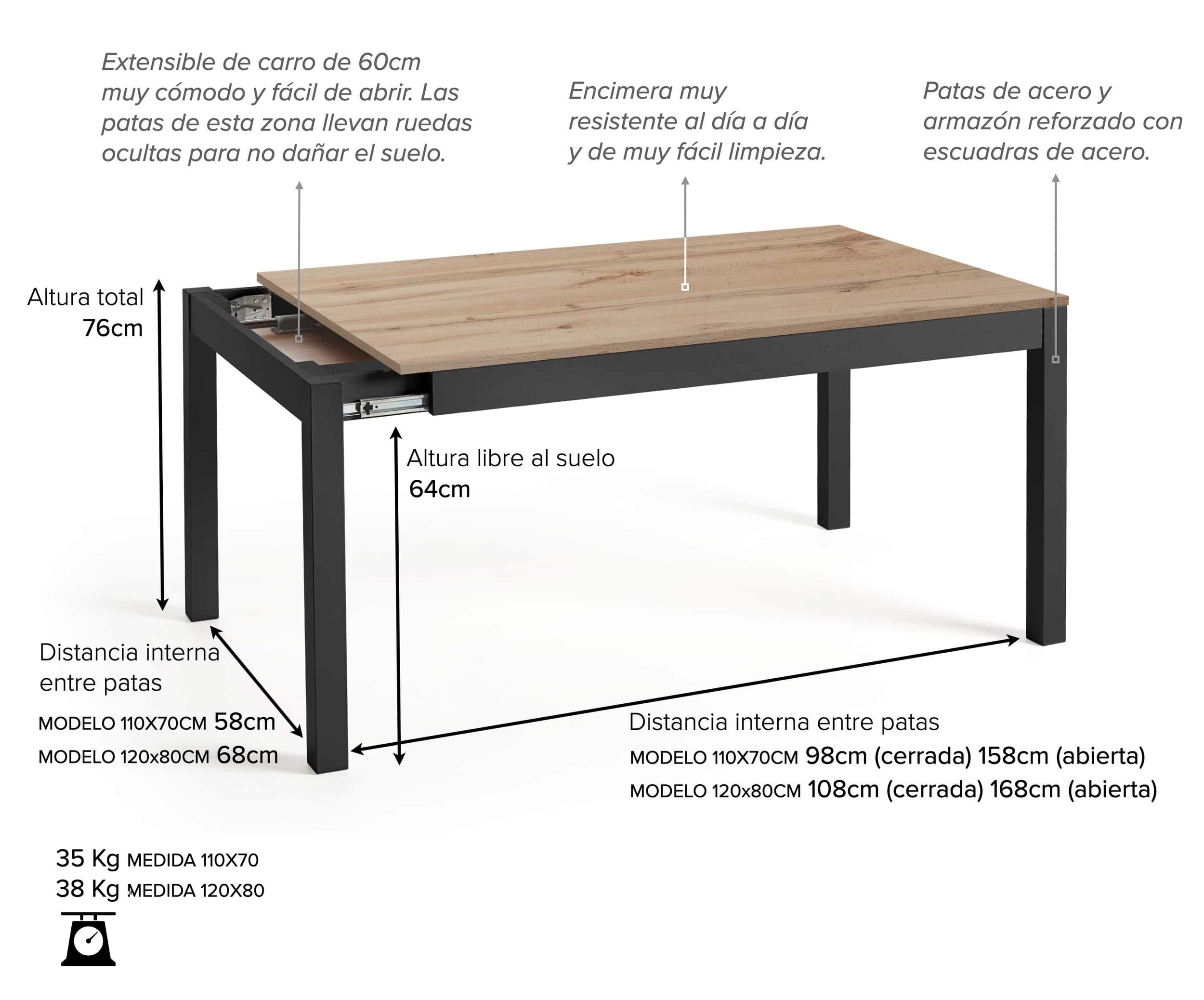 Mesa con cajón y pata deslizante extensible de cocina en medida de 110x70