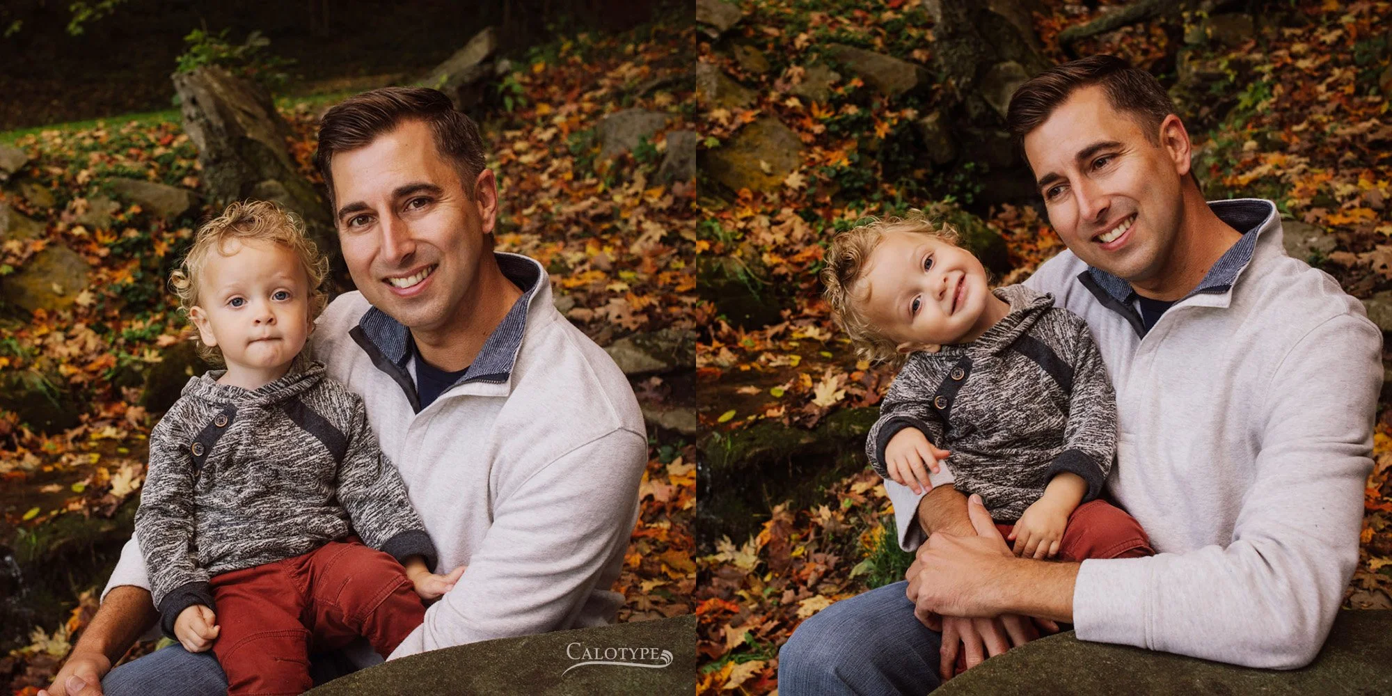 father and 2 year old son pose for a picture at the park in the fall