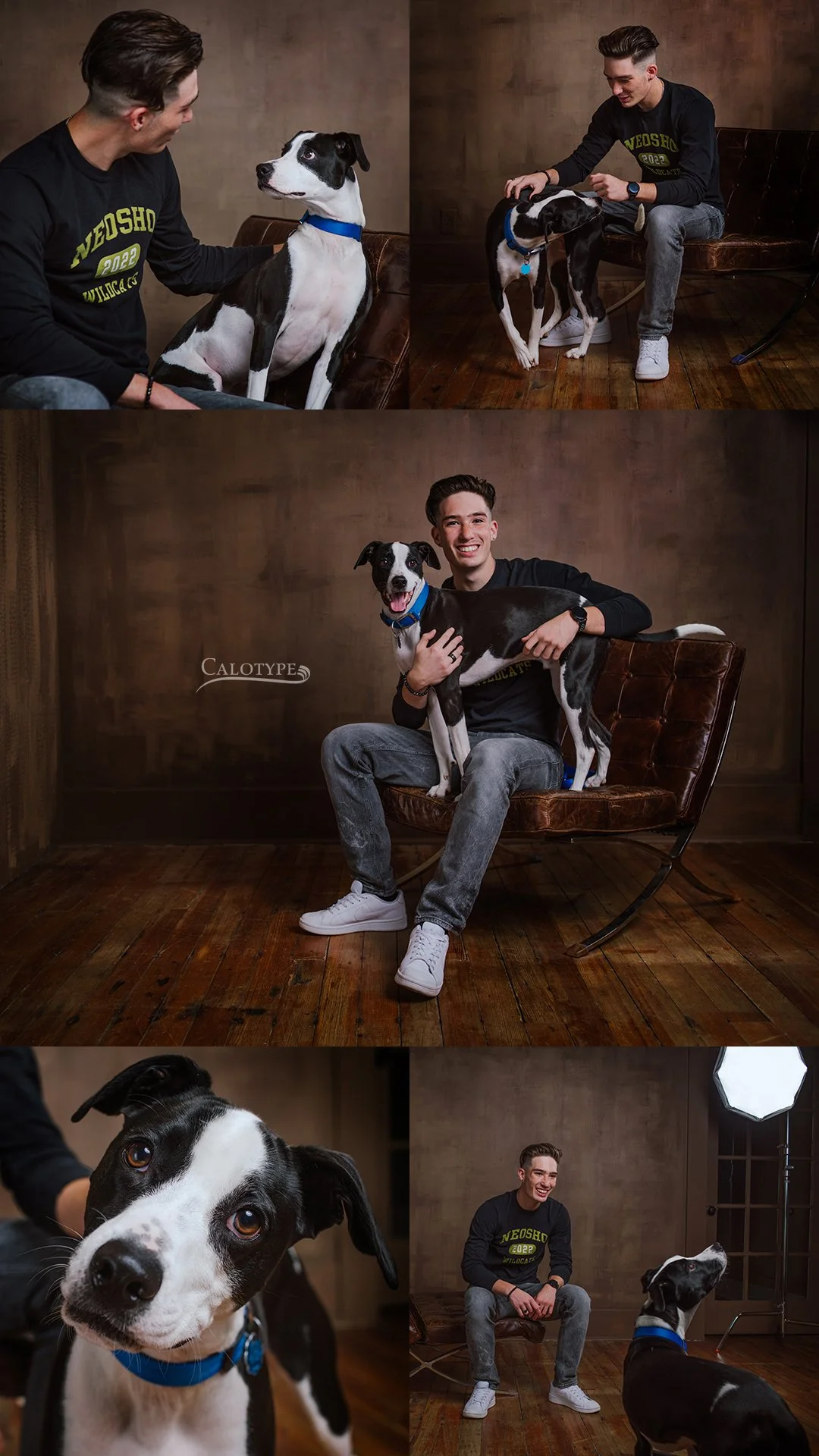 collage of different images of a senior boy photographed with his dog- playing, talking, smiling