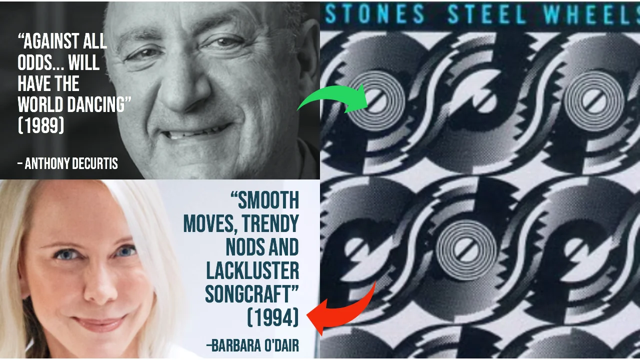 Three years after the unremarkable Dirty Work (1986), Steel Wheels saw the Stones getting along and touring. Anthony DeCurtis was all in with a 4.5-star review . Five years later, Barbara O’Dair was not impressed with the whole thing. The magazine eventually dropped the rating by 1.5 stars!