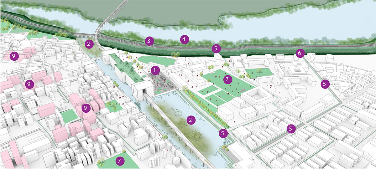 A flood protection berm at the canal where it meets Adyar river will help in keeping the water out of the city while providing a vertical protection from future storm surge and rising sea levels. The Berm also offers pleasant, accessible routes into the park, with many programmed spots for resting, socialising, and enjoying views of the park and river. The berm is planted with a dense vegetation and mangroves for ecological protection. The filtration zone at the mouth of the canal constantly purifies the water as it flows down from an industrial zone. The Frame also demonstrates how relocation zones in higher lying areas can clear encroachments near the canal and provide needed land for its widening. Cycling networks connect the landscaped berm with the canal.