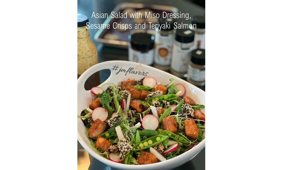 Asian Salad with Miso Dressing, Sesame Crisps and Teriyaki Salmon