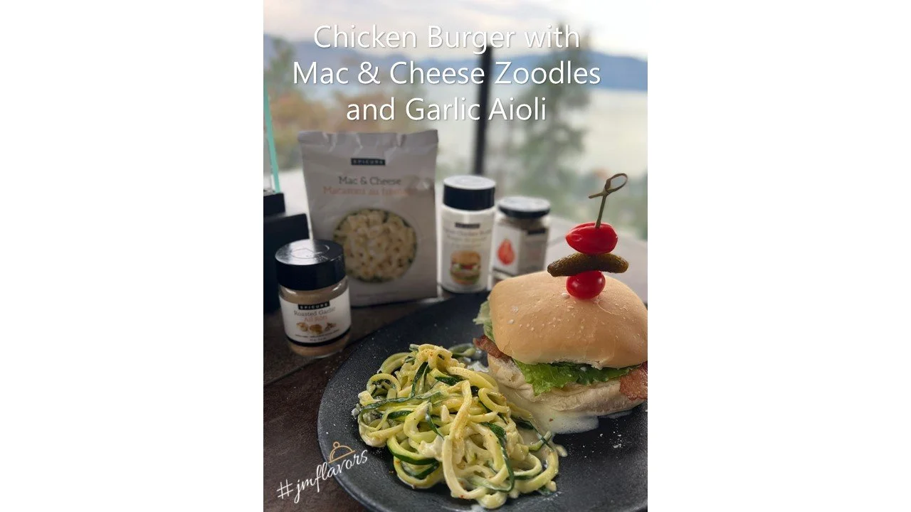 Chicken Burger with Mac &amp; Cheese Zoodles and Garlic Aioli