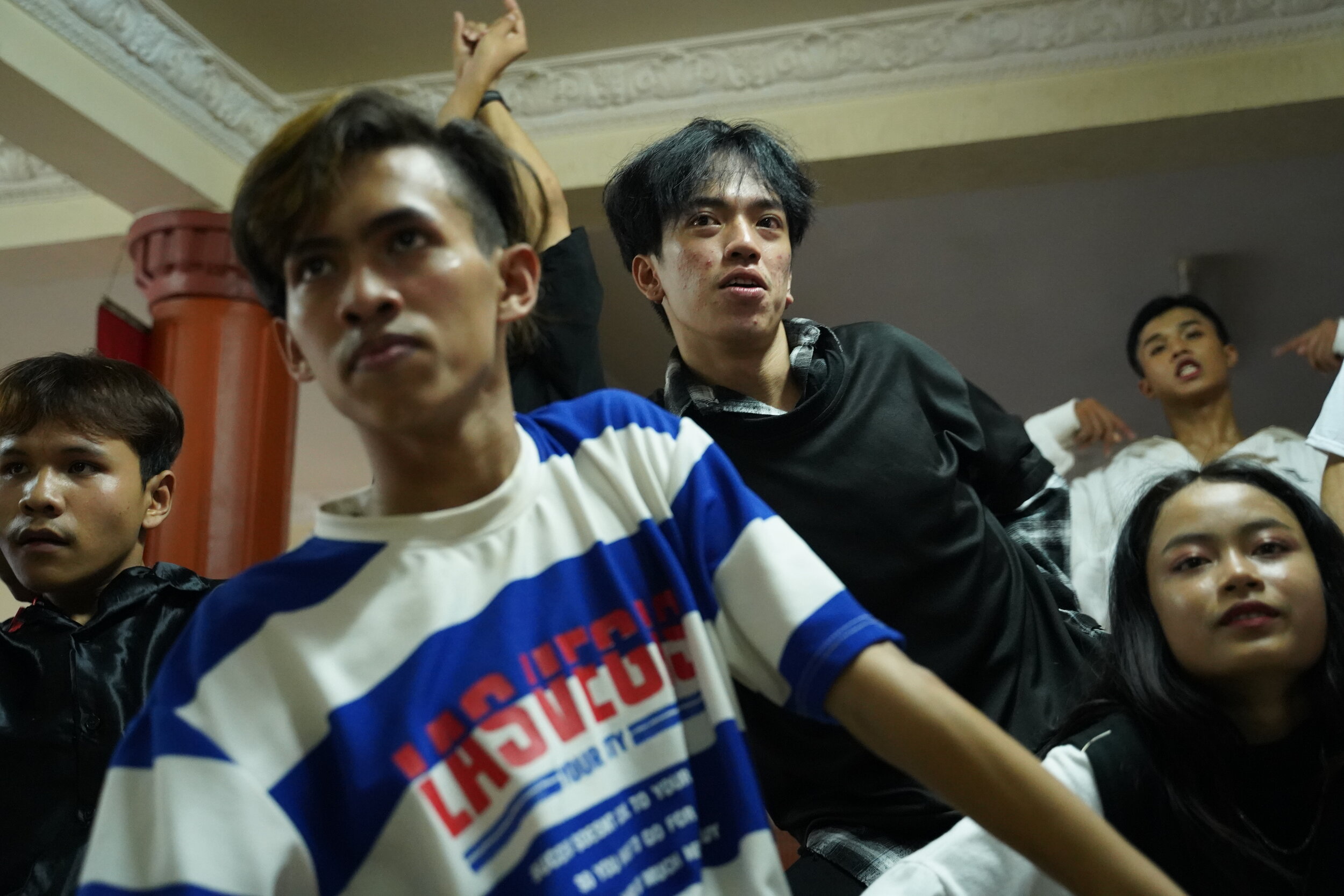  Zing and members of his dance team “The Bling” practice in a studio in Phnom Penh for an upcoming social media video. Since many of Zing’s performances were canceled due to COVID-19, he has had more time to practice with his team. 