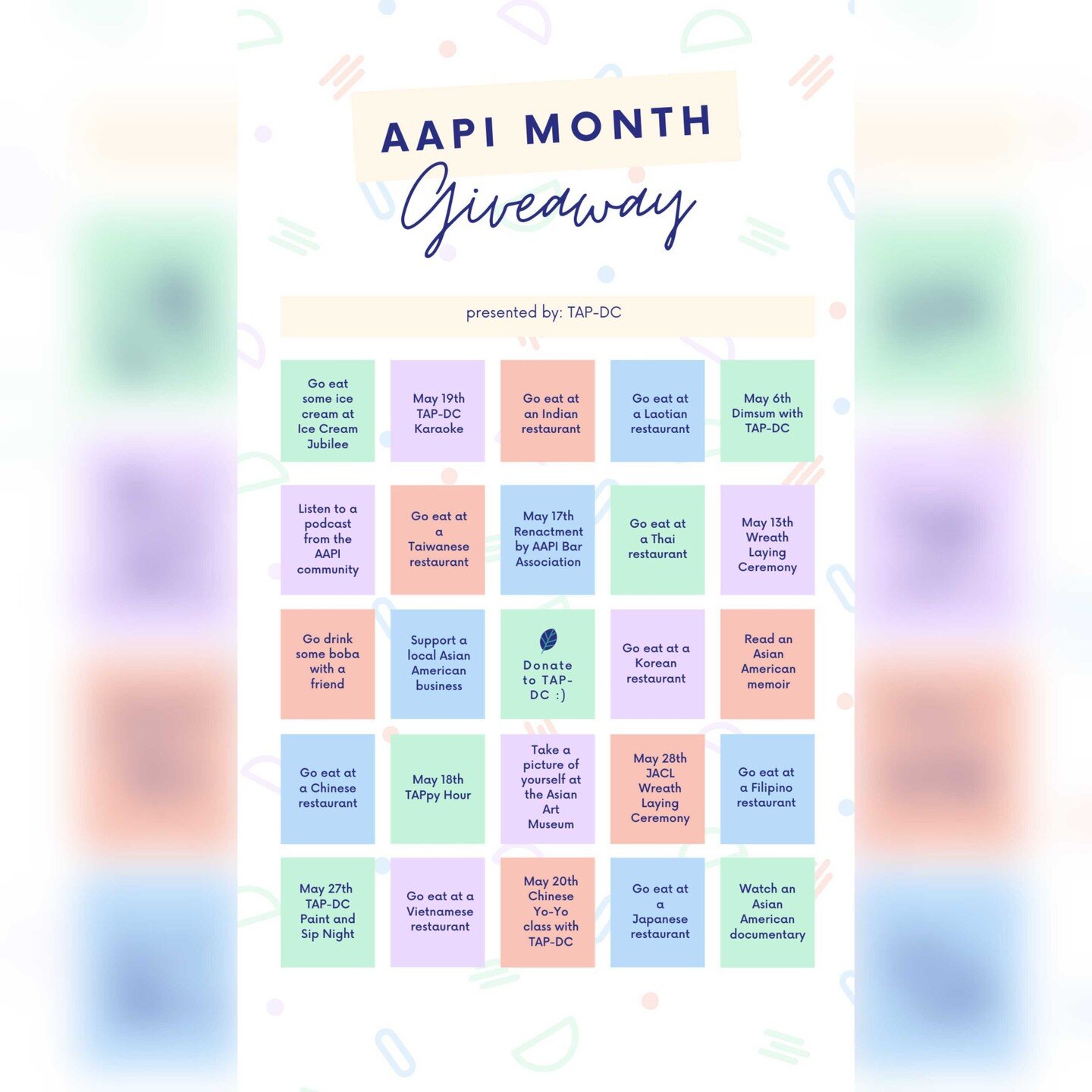 Happy May and Asian American Pacific Islander Heritage Month! 

To celebrate we are announcing a special giveaway event, details below: 

*GIVEAWAY ALERT* AAPI Month is upon us , and TAP-DC wants to celebrate and see you live it up! 

To participate,