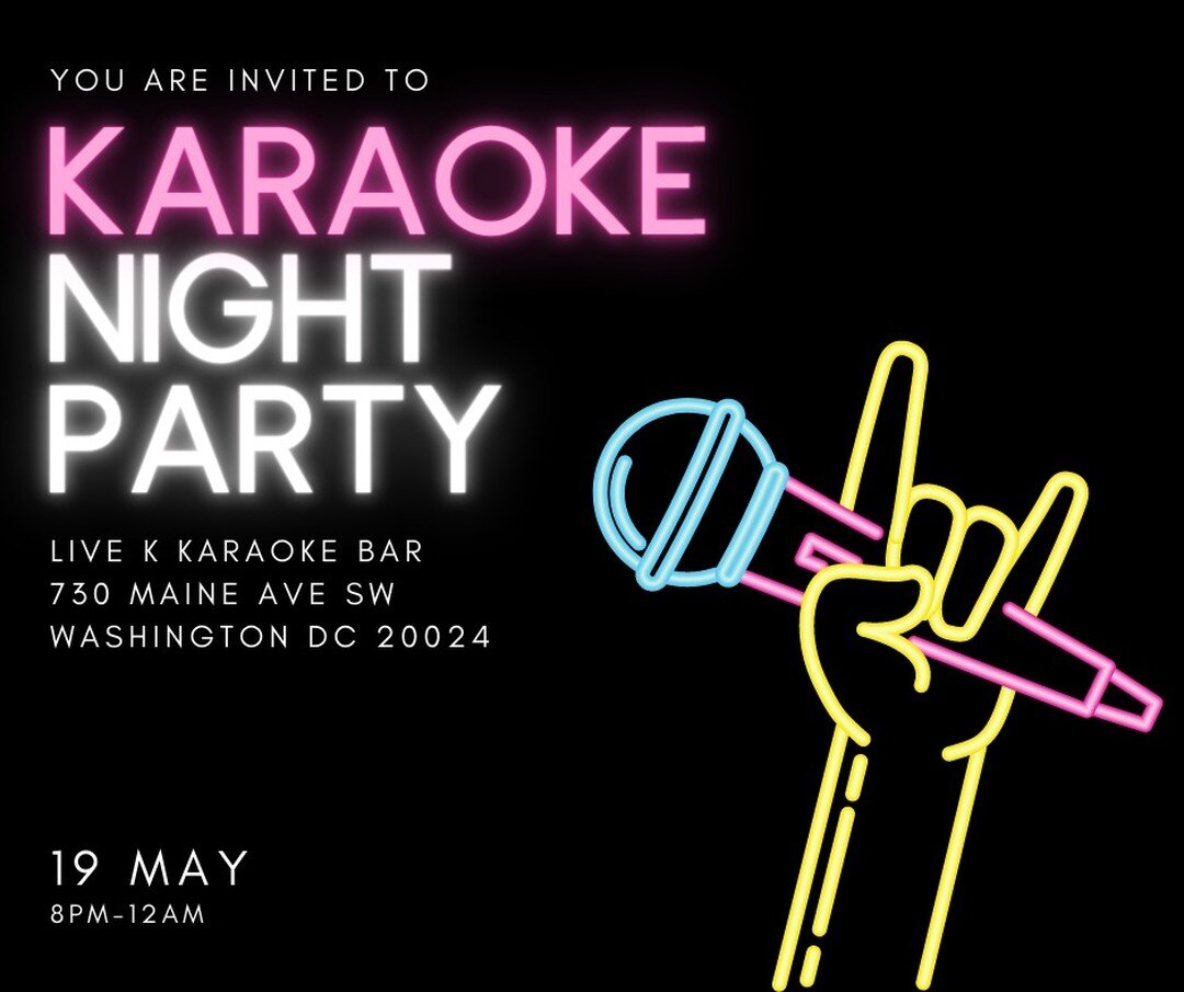 🎤When: Friday, May 19, 8pm-12am
🎤Where: Live K Karaoke Bar (730 Maine Ave SW, Washington, DC 20024) 
🎤RSVP: Eventbrite
Access Eventbrite link (in bio) for Ticket pricing and details!
(early bird for first 10 signups!) 

🔴❗Prizes for winner of TAP