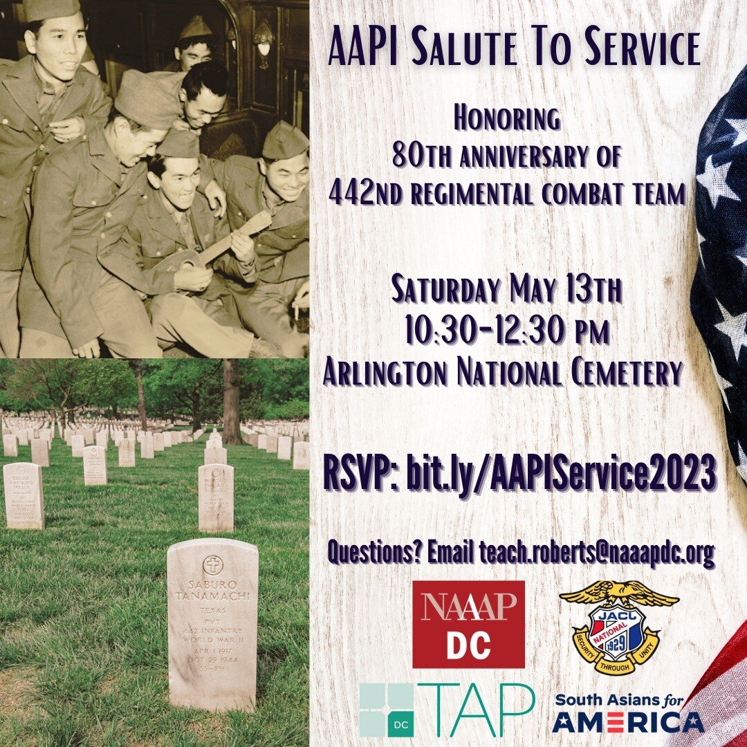 When: Saturday, May 13th at 10:30am
Where: Arlington National Cemetery; Meet up will be at the Arlington National Cemetery Visitors Center (1 Memorial Avenue, Arlington, Virginia 22211). 
RSVP Here: bit.ly/AAPIService2023 

Please bring a photo ID or