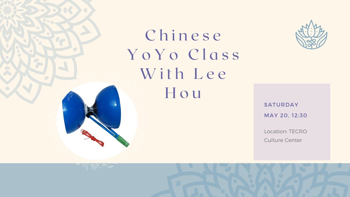 🪀When: Saturday, May 20, 12:30pm 
🪀Where: Culture Center TECRO (901 Wind River Ln, Gaithersburg, MD 20878)
🪀RSVP: Eventbrite (link in bio) 

In this workshop, we'll begin with a brief overview of Chinese Yo-Yo. Then, our instructor, Lee, will show