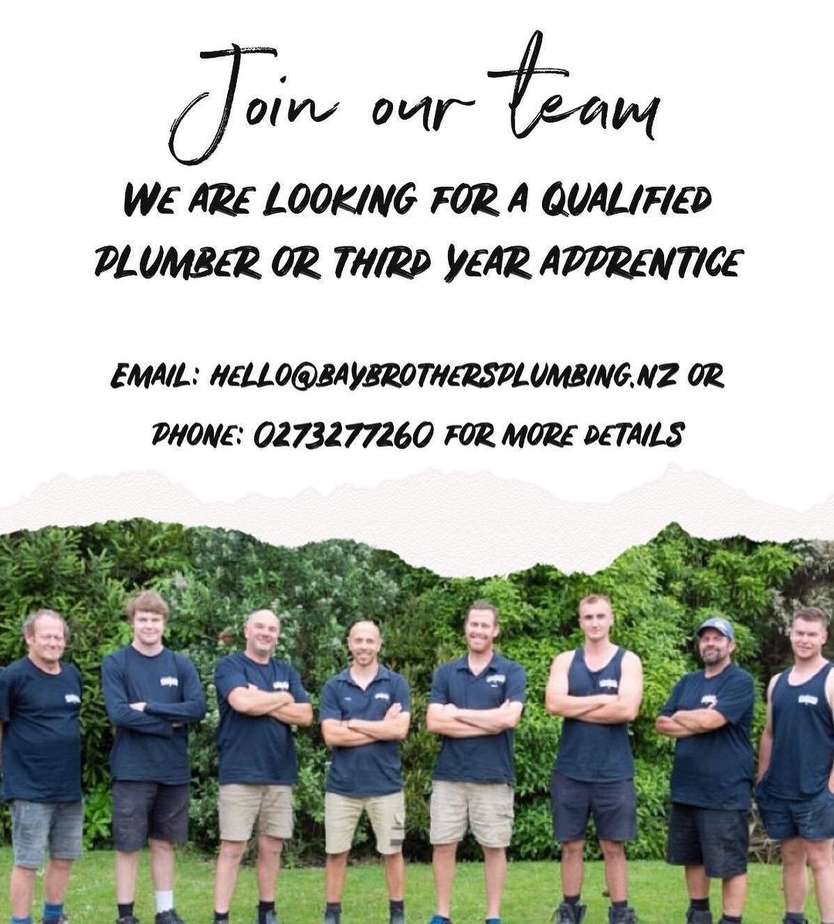 Due to busy workload we are after an experienced apprentice or tradesman plumber to join our team. Interested? Give Mark a ring on 027 327 7260 or email: hello@baybrothersplumbing.nz