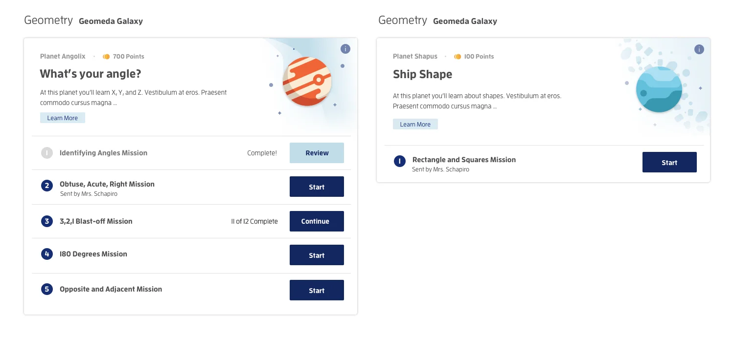 Students could start, continue, or review completed missions. A mission could also be self directed or assigned by a tutor/teacher.