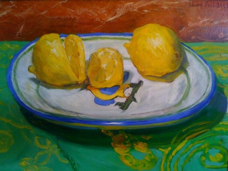 Lemons with Plate on Green Scarf
