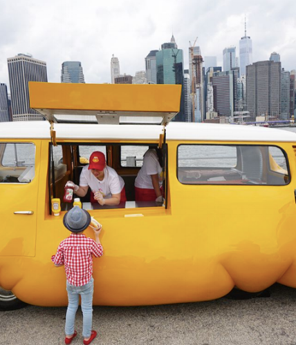 Hot Dog Bus by contemporary artist Edwin Wurm every weekend this summer in Brooklyn Bridge Park. Art meets free hot dogs - a toddler must-see!