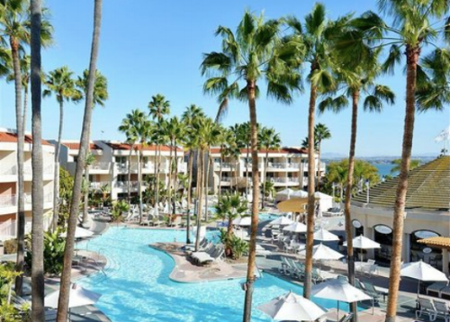 Pool deck at Loews Coronado Bay Resort, which includes a kid's pool, a family pool, and an adults-only pool (though no wading pool for babies and toddlers).
