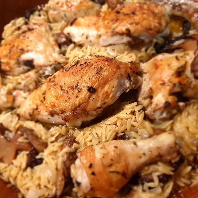 There's about a billion delicious ways to use mushrooms. Here's one more...roast chicken with wild Victorian mushrooms and orzo. 
Simply throw in some chopped onions, garlic, sliced mushrooms (I used pine and slippery jacks mushies but any will do) a