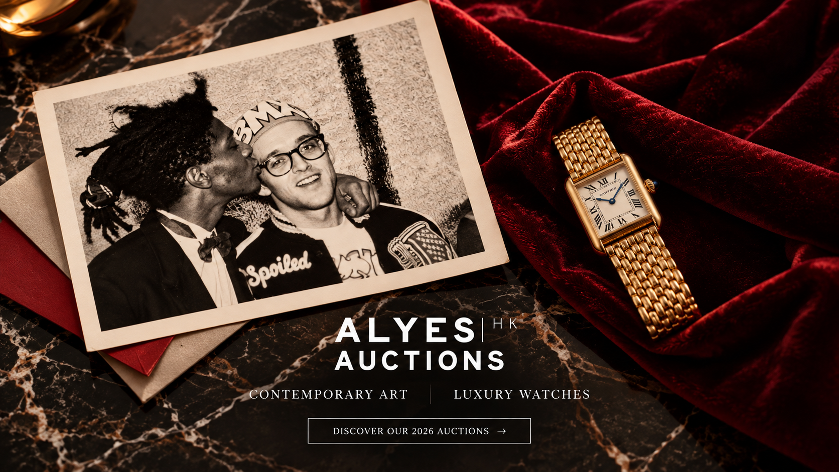 Alyes Auctions banner featuring contemporary art, a gold Cartier watch