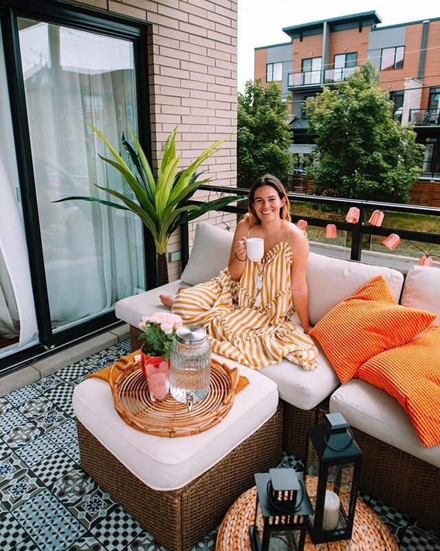 OUR BALCONY TRANSFORMATION IS COMPLETE! 😍
.
I have been so excited for this moment where we can finally enjoy morning coffees (smoothies for me!), watch sunsets and even enjoy some light rain!
.
Everything you see is from @ikeacanada, everything dow