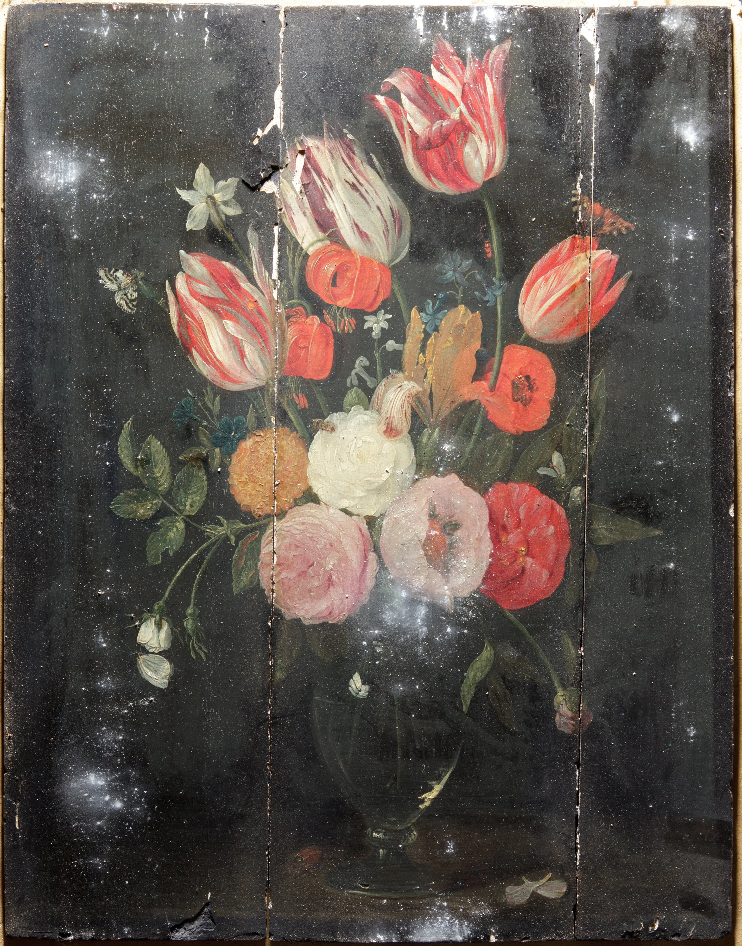 Ecole flamande, Nature morte avec fleur , XVIIe siècle, Peinture à l'huile sur panneau de bois