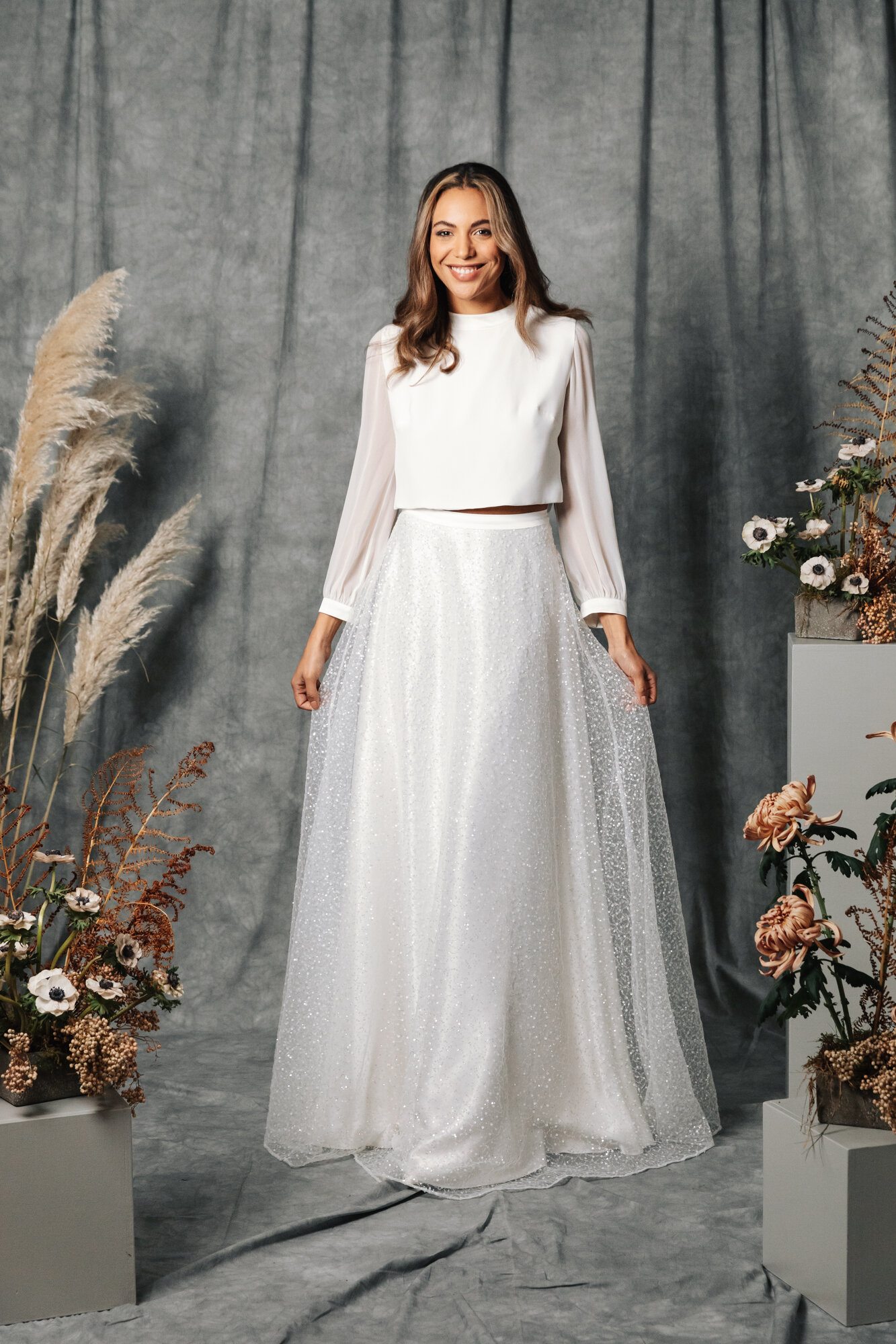 Phlox bridal separates  Two piece wedding gown: long sleeved silk top &  subtle sequinned full skirt — Kate Beaumont
