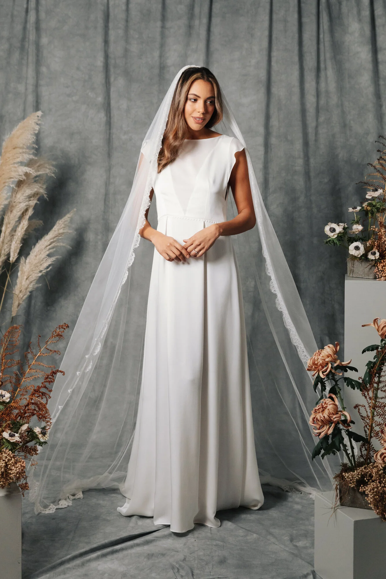 silk georgette wedding dress Silk Georgette Flutter Sleeve A-line Wedding Dress with Navy Sash Light Ivory