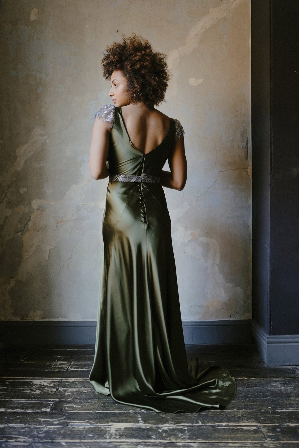 Green and silver coloured wedding gown bias-cut silk vintage inspired Viola wedding dress Kate Beaumont bridal Sheffield 4.jpg