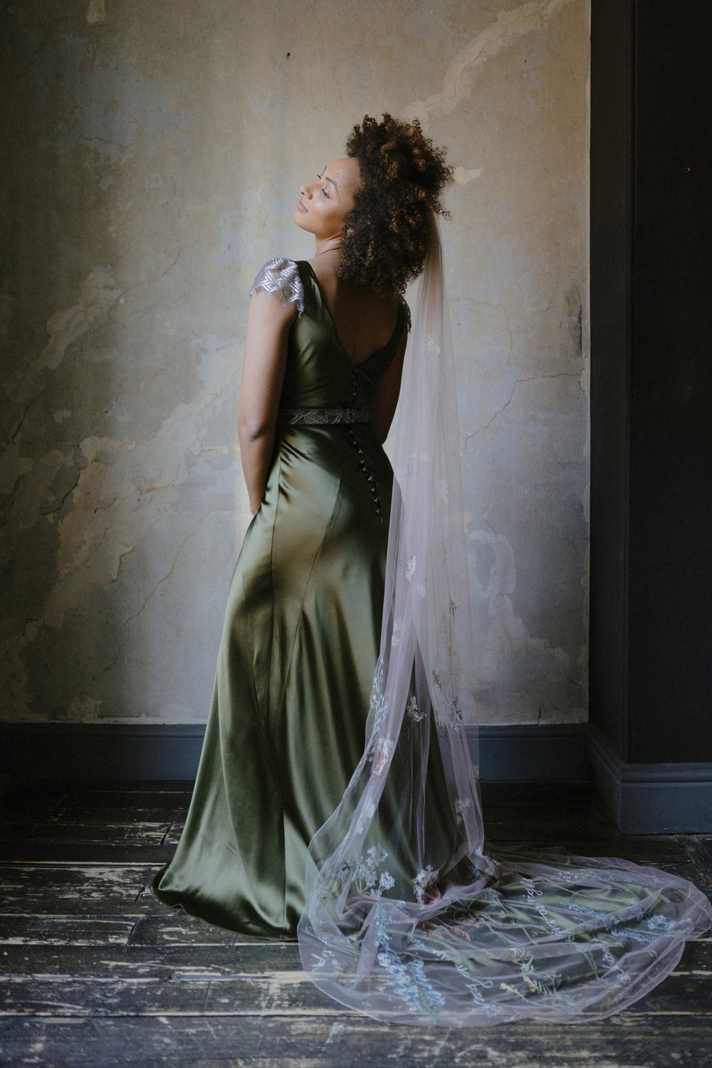 Green and silver coloured wedding gown bias-cut silk vintage inspired Viola wedding dress Kate Beaumont bridal Sheffield 6.jpg