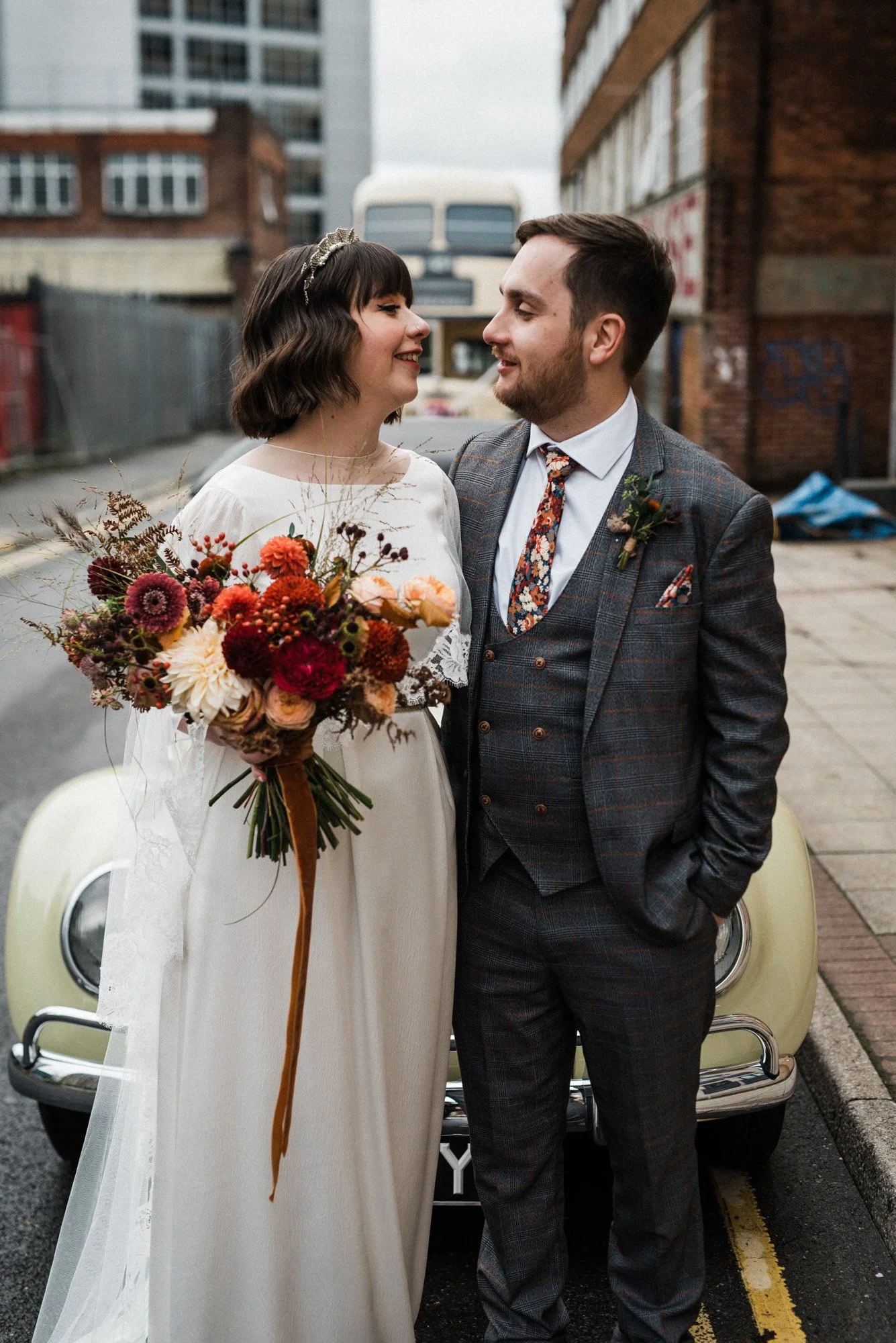 Real Kate Beaumont bride Maddie in Lunaria and cape veil for cool colourful Sheffield wedding by Fox Moon Photography-36.jpg
