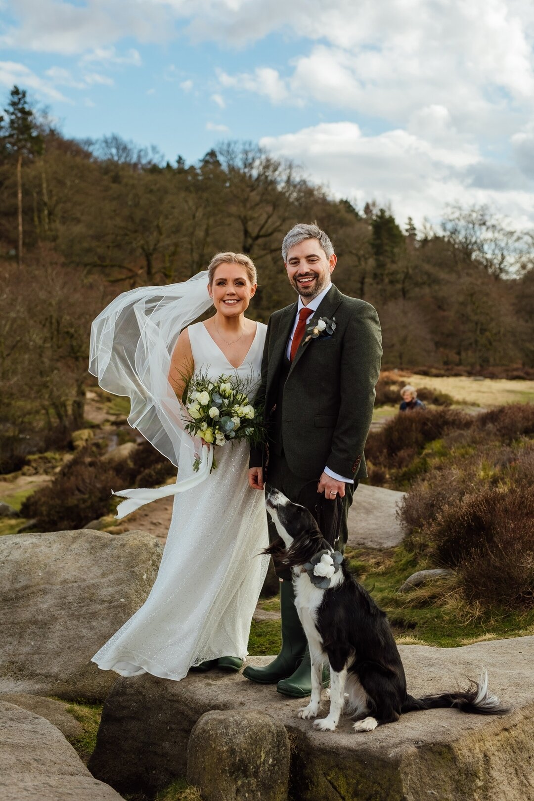 I'm a couple of days late in wishing Laura and Jules a very happy first wedding anniversary. 
Laura wore our sparkly Phlox skirt and a bespoke silk top combining elements of Clover and Phlox. 
Hope these two - and their beautiful dog Oreo - have had 