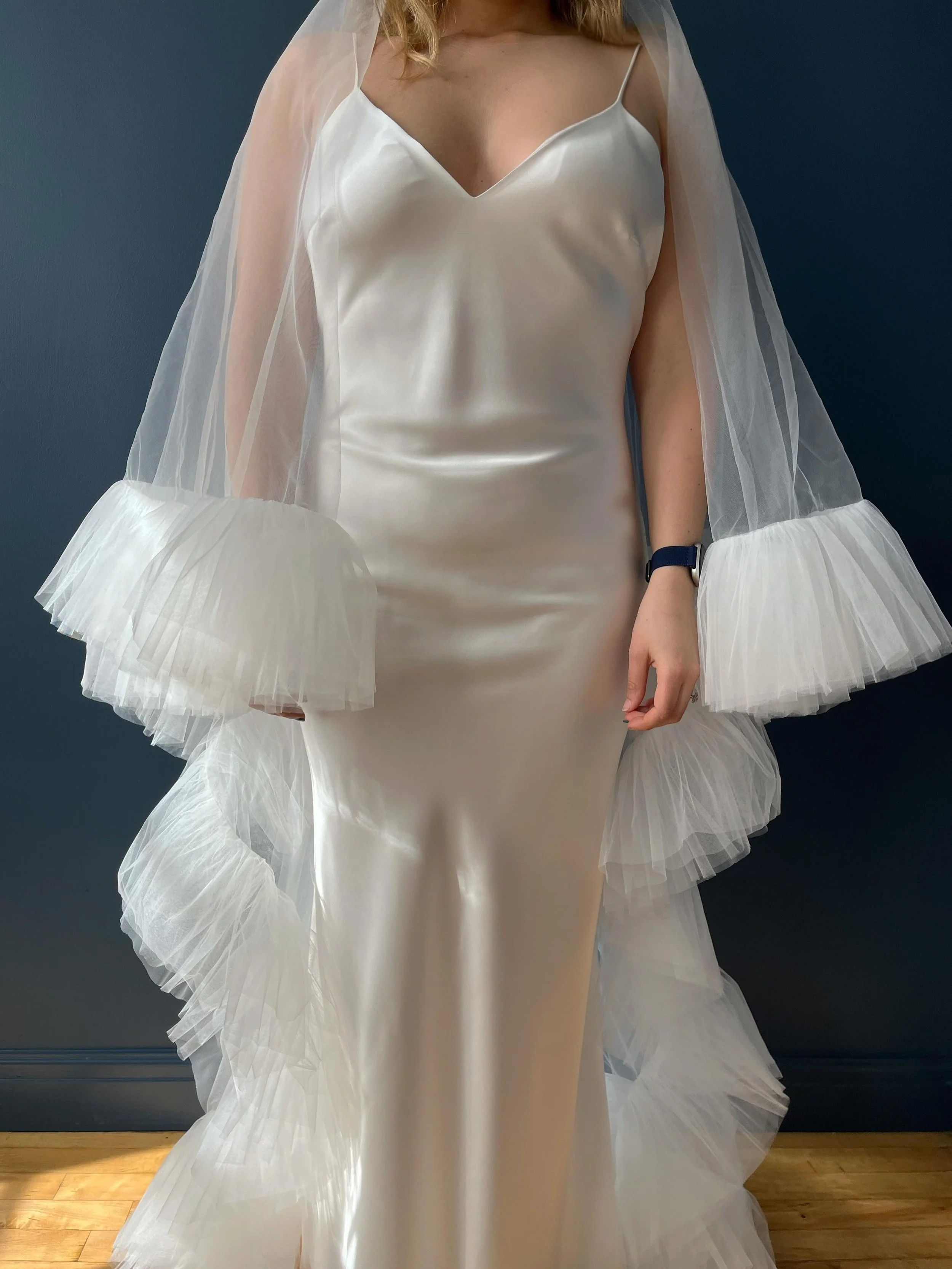 And sending lots of love and luck to Molly, marrying Ed today at the wonderful @events_at_victoria Molly chose our super minimal silk slip dress Cosmos, which she&rsquo;s paired with a statement ruffle veil, and will be looking divine. Hope they&rsqu
