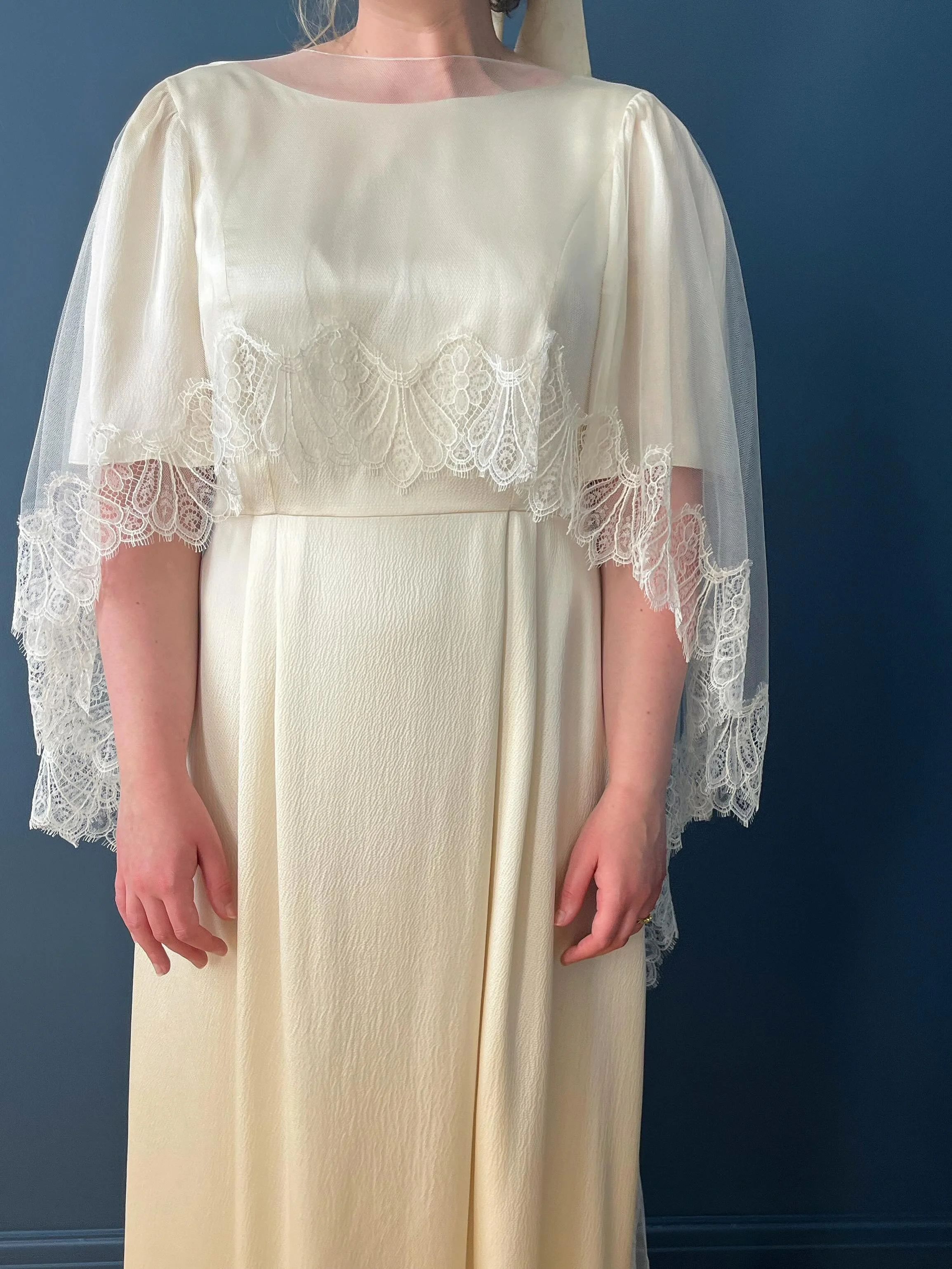 Two glorious weddings today - firstly Catriona, marrying Rob in Norfolk. Cat is wearing the backless Lunaria gown with a lace edged cape veil, and a hair bow I made using fabric from both her mum&rsquo;s and grandmother&rsquo;s wedding dress - how sp