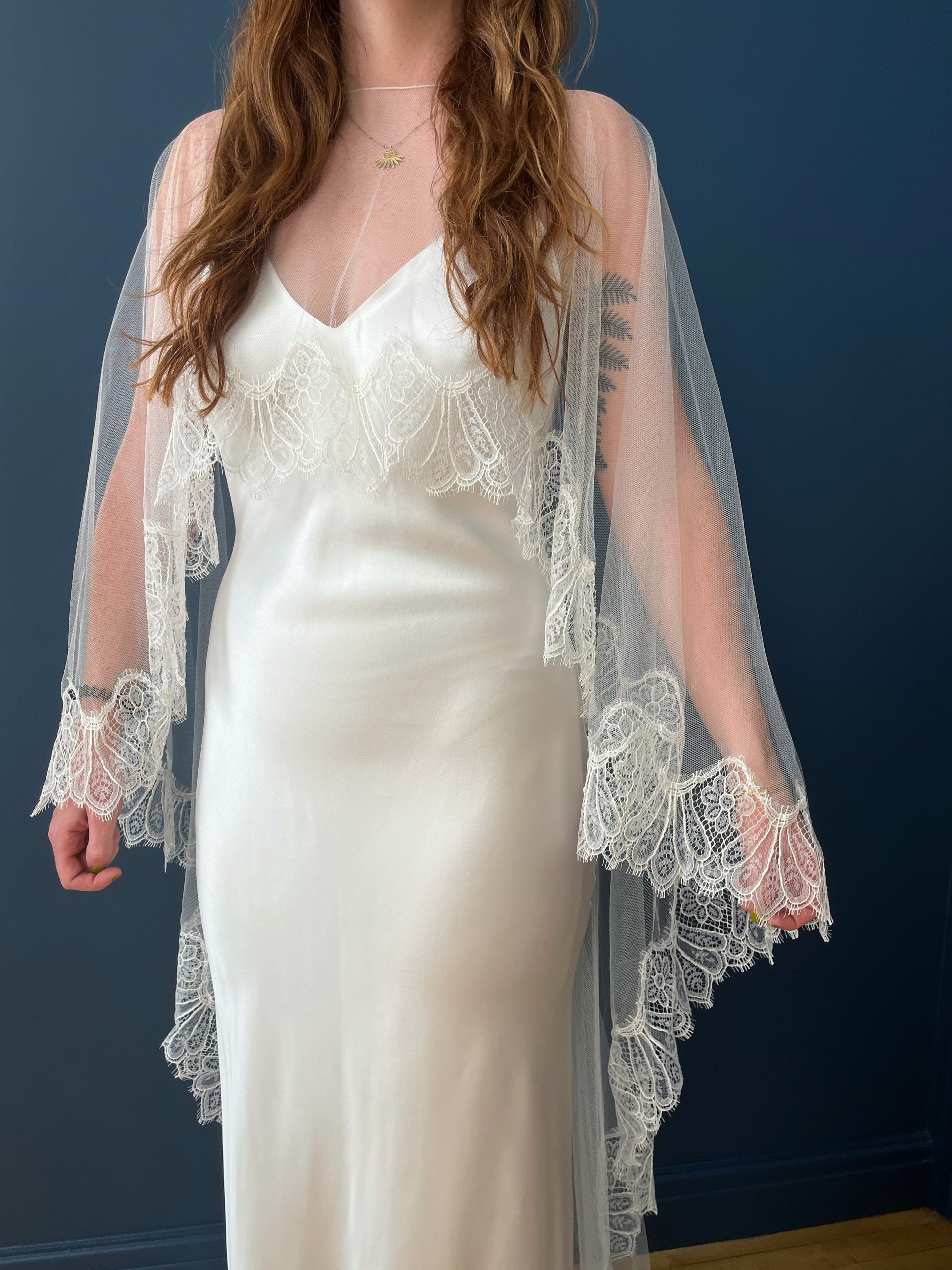 Sending so much love and luck to Chelsea and Matt, marrying in the Peak District today. Chelsea is wearing the Cosmos silk slip dress and lace edged cape veil, plus the most gorgeous hair crown. Can&rsquo;t wait to hear all about their epic celebrati