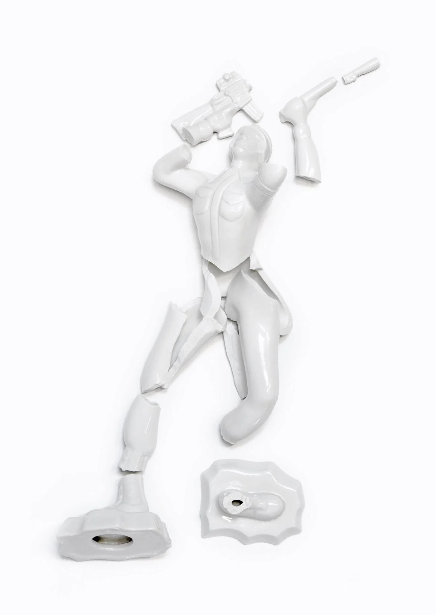 The center of this exhibition is “Dancing Queens and Power Structures“, the latest artwork of the duo. 100 identical soldiers made of white, shiny porcelain are placed on a plinth in a strict geometric order. The fragile material contrasts the militant gesture and formation while it provokes thoughts about group behavior and structural representation of power. Aside from other artworks the internationally known artworks, “Desti-Nation“ and “Ways to Escape One’s Former Country“ were also be part of the exhibition.