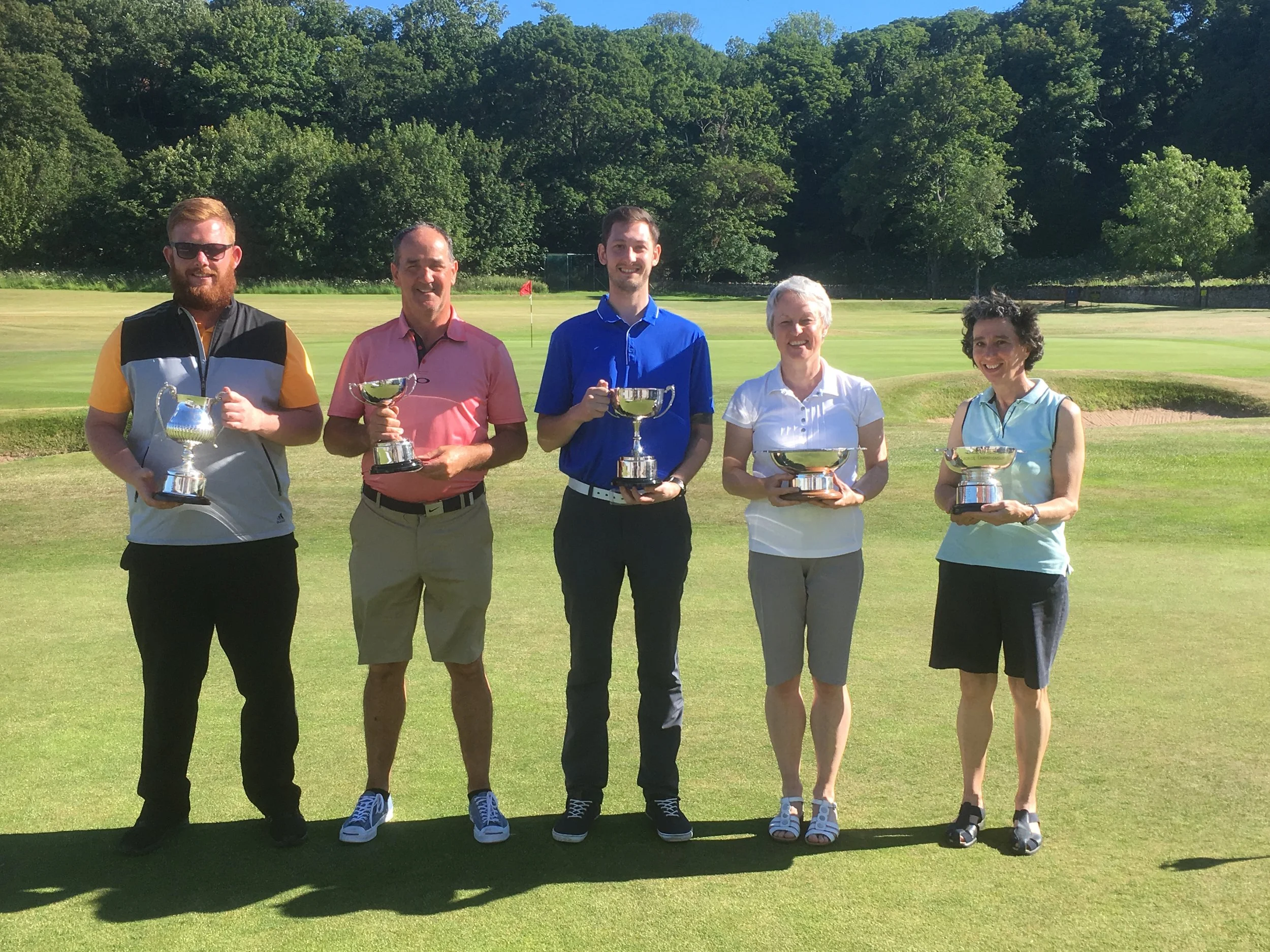 2018 Club Championship winners (l-r Willie Halliday (A Champion), Rab Donnelly (B Champion), Elliot Alderson (C Champion), Sheila Blackwood (Silver Champion), Ali Carslaw (Bronze Champion)