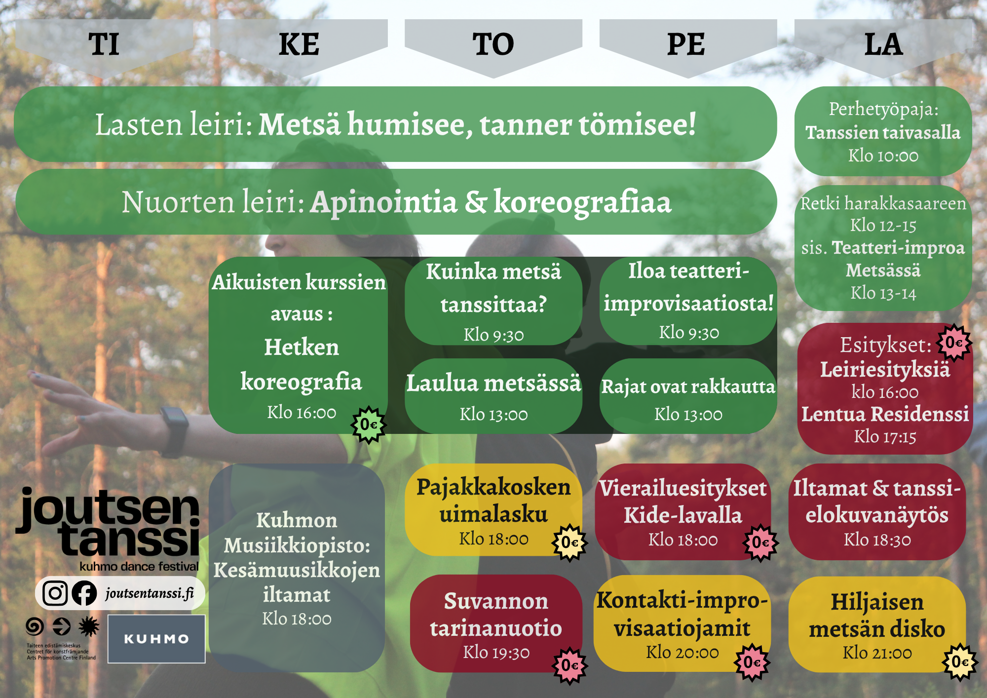 A colorful event schedule overlaying a blurred outdoor background, featuring Finnish text with various event details, times, and icons such as social media logos, with a predominant green color theme.