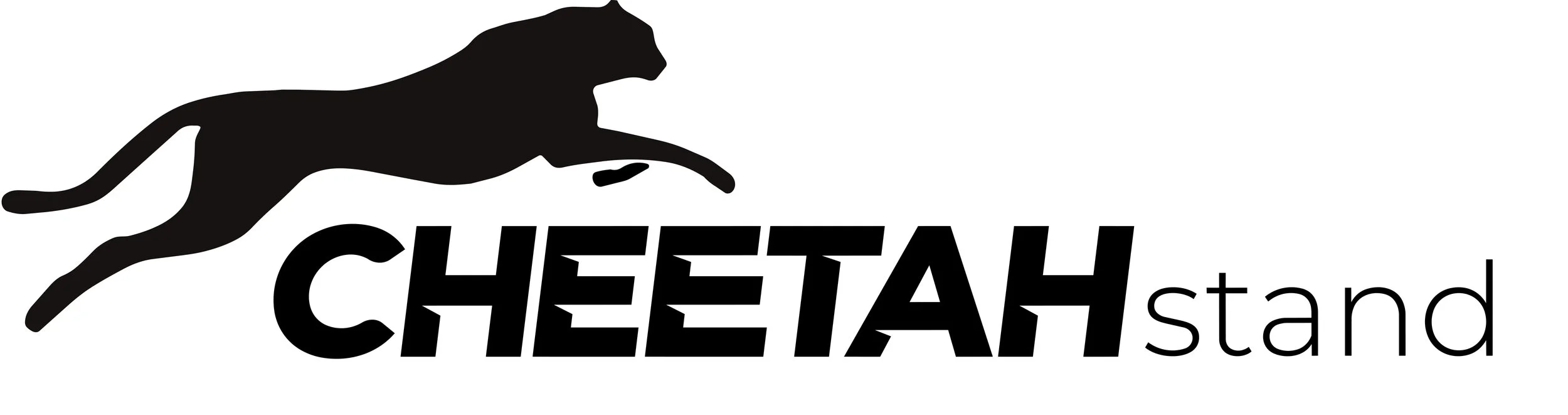 A black silhouette of a cheetah leaping above the words 'CHEETAH Stand' in black and gray text.