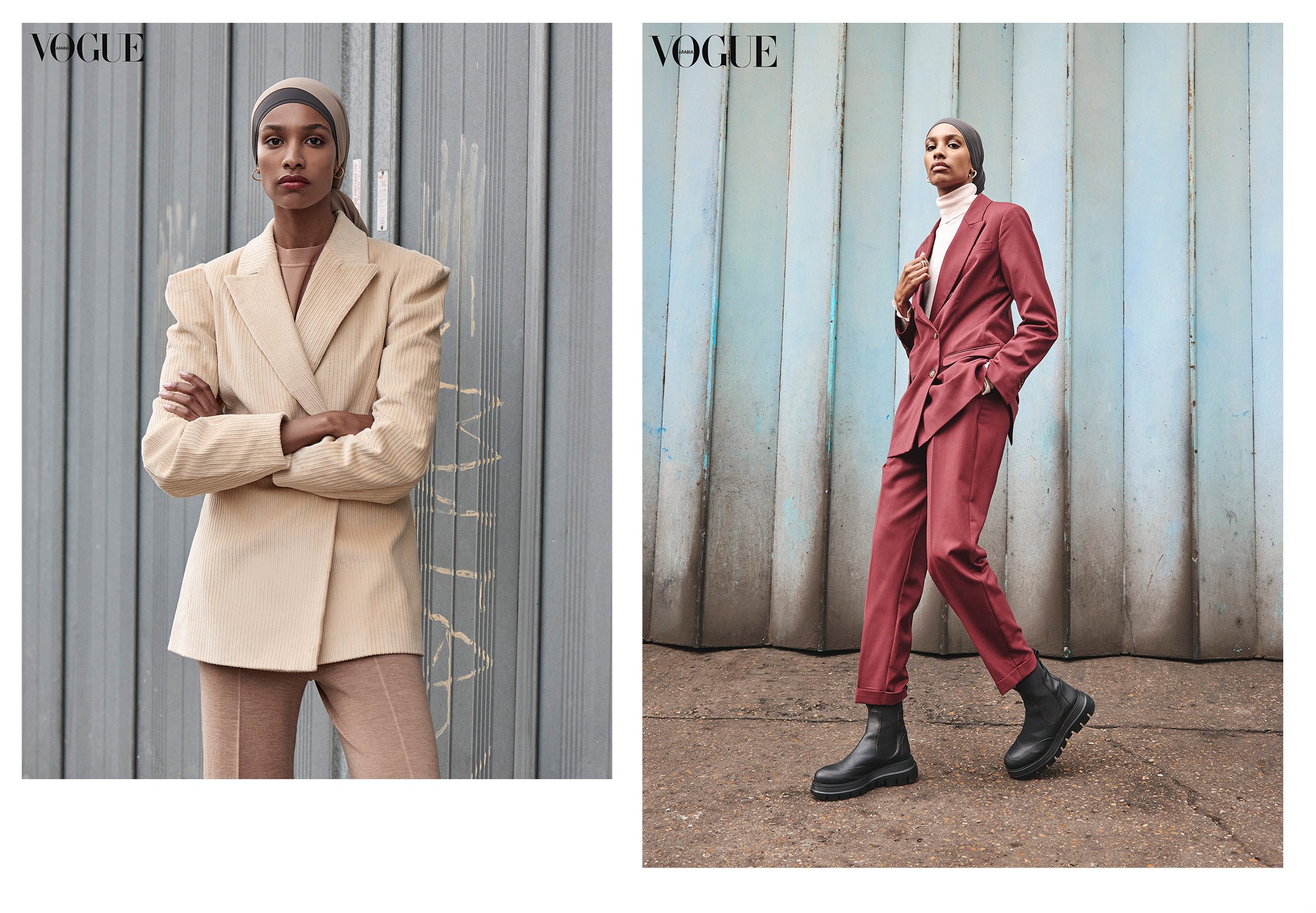  IKRAM ABDI OMAR  Wears modern suiting for Vogue Arabia Jan 2022  Shot on the streets of London  