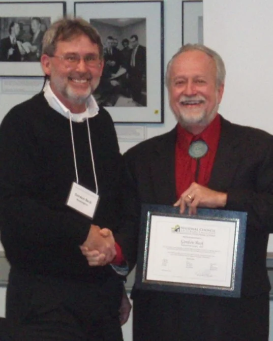 In 2013 at the first NCSF annual meeting, gordon beck, director of school facilities for washington state office of public instruction is being recognized for his innovative leadership in laying the foundation for the national council on school facilities by 2013 NCSF President, Robert Gorrell, director of the new mexico public school building authority. .