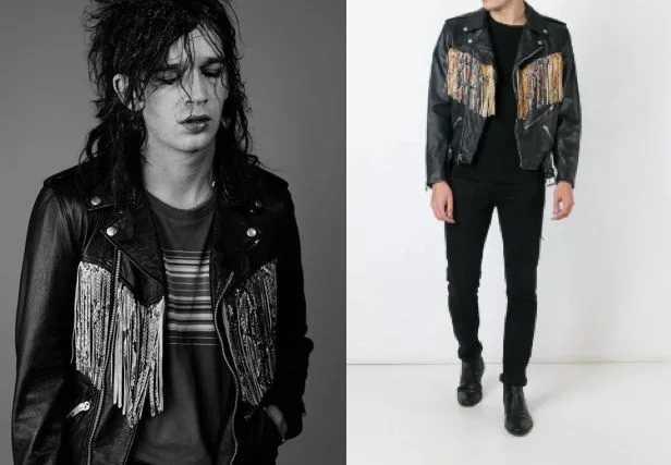 Healy channeling his inner Robert Smith w/ a Saint Laurent fringed biker jacket (left), The same jacket in color (right) Sources: Popbuzz and Farfetch, respectively