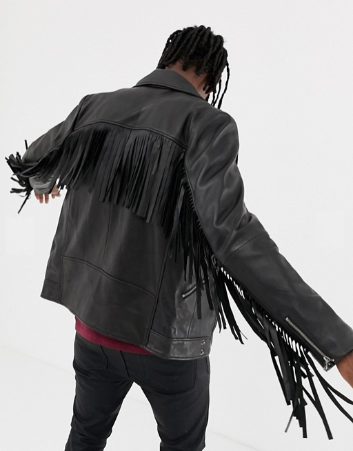 ASOS Design Black Leather Jacket w/ Tassel Detail: retail $190 Source: ASOS