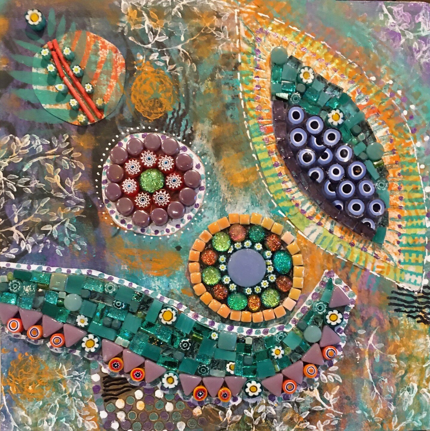 This mixed media mosaic entitled, Three Peas and a Pod, makes me think of spring. It's a mosaic made on top of an abstract painting. In addition to paint, I mosaicked over paper, stenciled over paper, and stamped designs onto the decorated substrate.