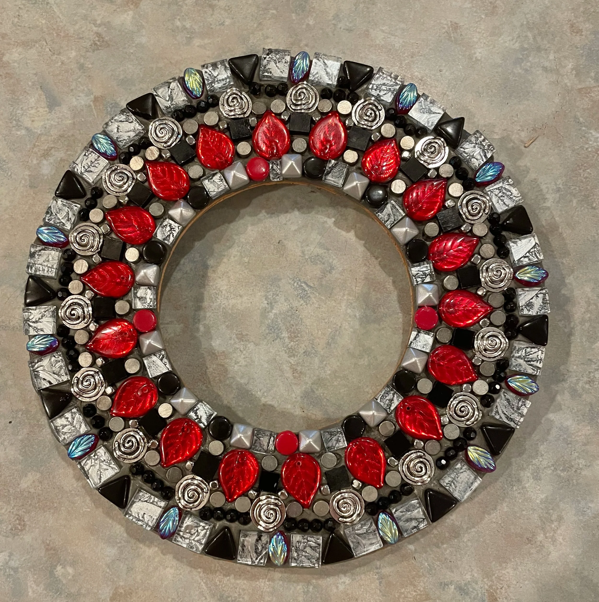 Small Round Mosaic Mirror with Red Glass Leaves