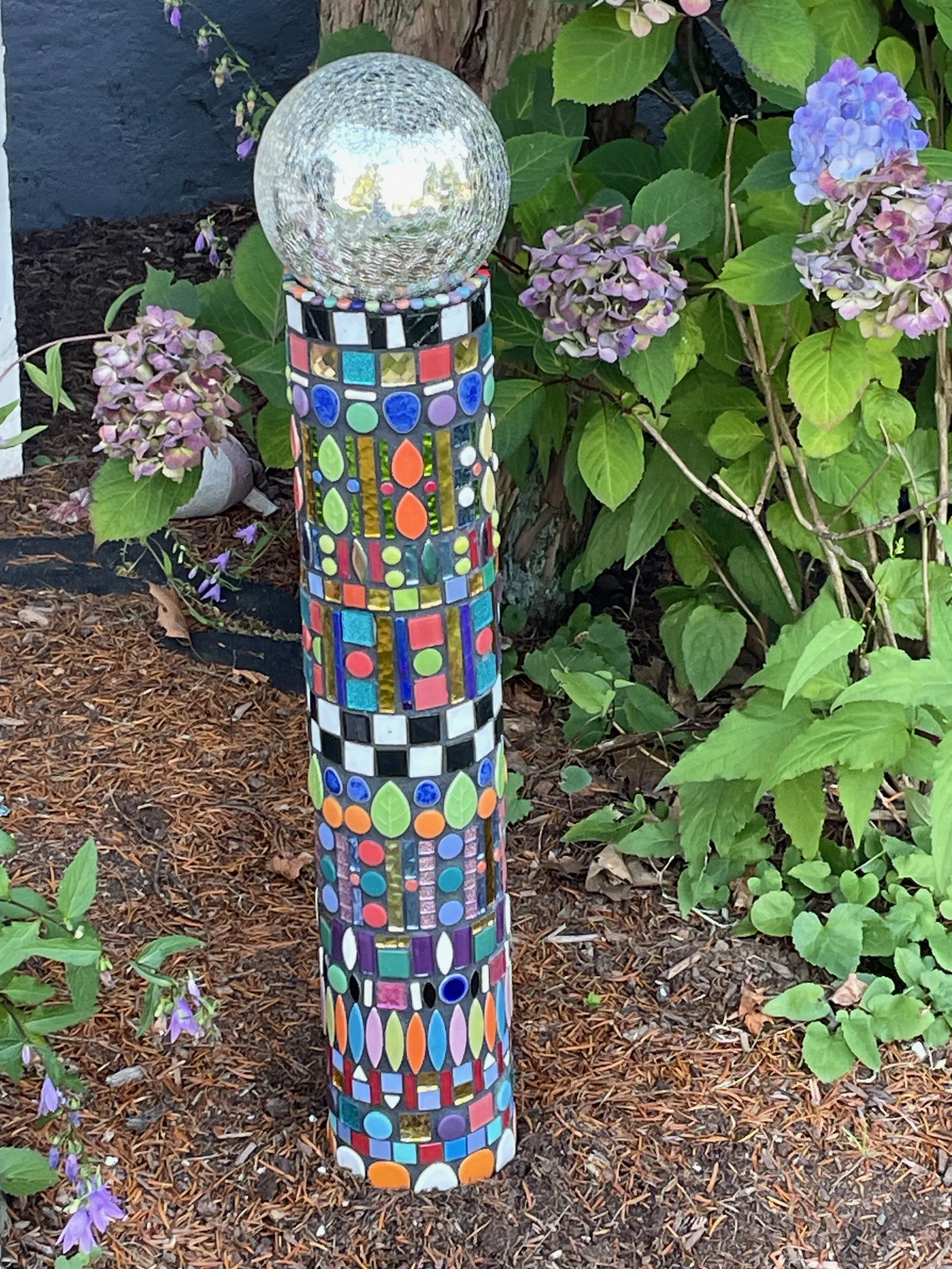 Mosaic Garden Totem with Hydranges