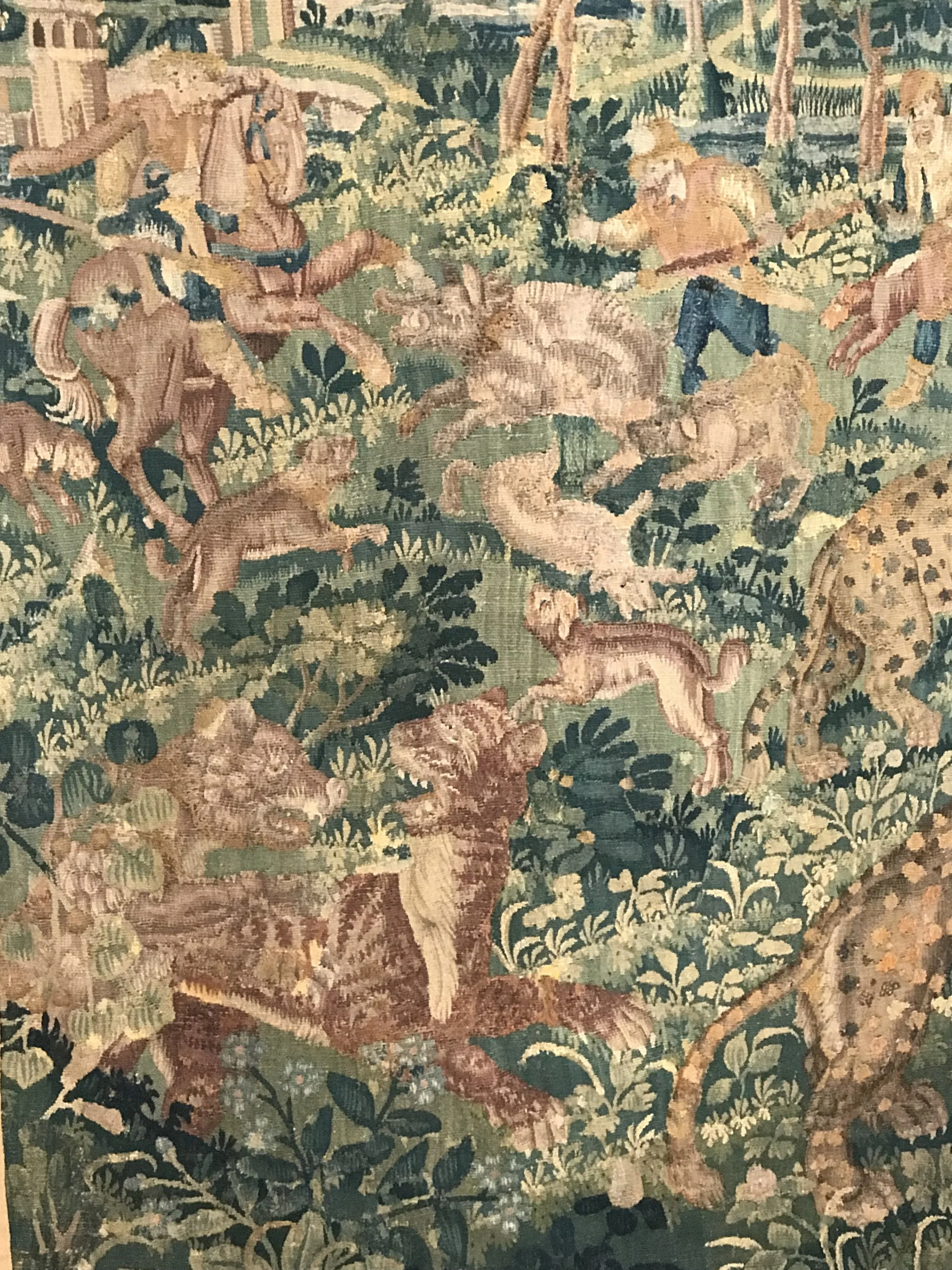 AN EARLY FLEMISH TAPESTRY FRAGMENT OF A HUNTING SCENE An exquisite Hunting Scene with Fantastical Animals c1600 184cm x 118cm £4900