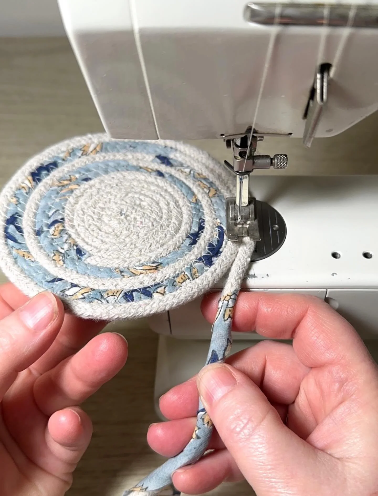 Preparing for this Sunday&rsquo;s rope bowl, coaster, &amp; trivet workshop. It&rsquo;s a wonderful way to use up favorite scraps! 🥂 This workshop is sold out with 20 students, but if you want me to offer it again, be sure to sign up for the waitlis