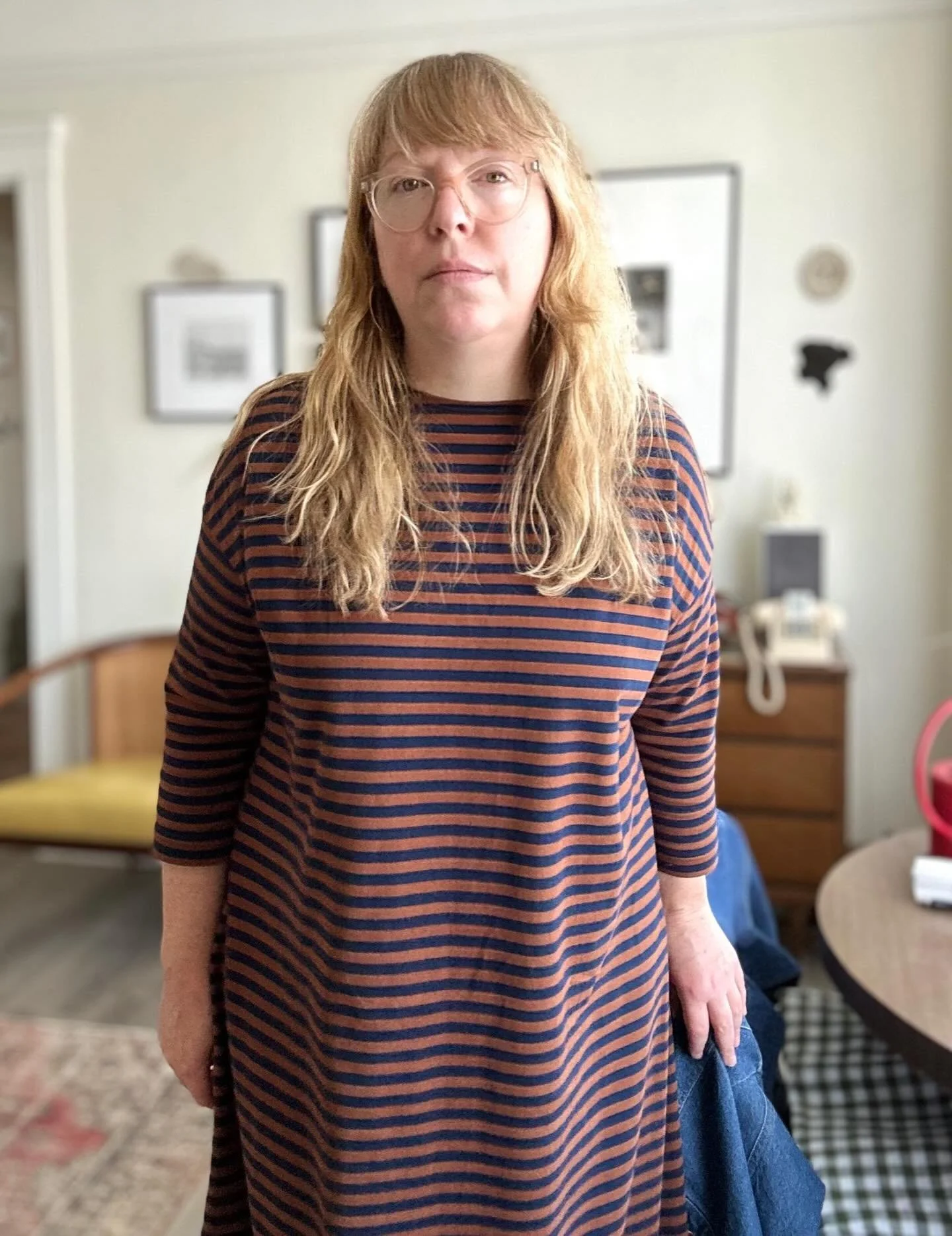 Sewed myself another James Tee lengthened into a maxi dress. When I saw the recent knit stripe collection from @blackbirdfabrics I knew this pairing had to come to life. 💙🧡 Pattern for the James Tee in my shop! 

#christinehaynesjames
#christinehay