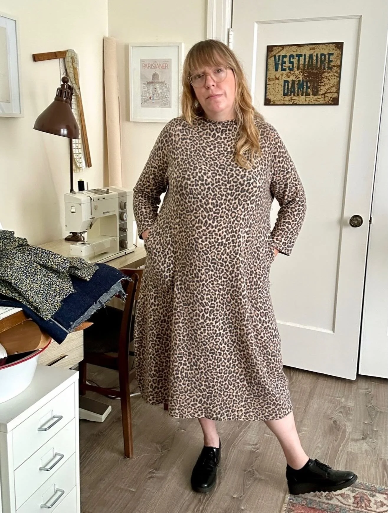 Me made May day 5, wearing a mash up of my James Tee pattern and the @fridaypatterncompany Dew Dress in fuzzy knit from @fabricoutlet (RIP). It&rsquo;s gray and rainy and chilly today and I&rsquo;m not in the mood lol. 

#memademay
#memademay2026