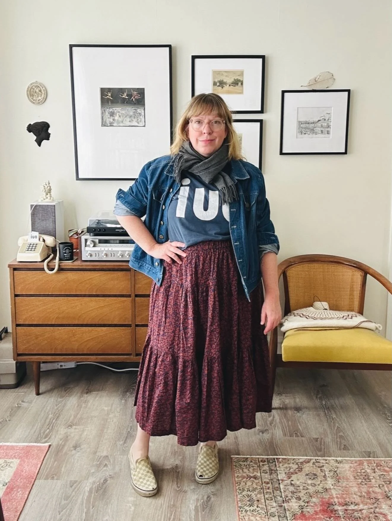 MMM day off vibes. Thrifted shirt I cut and ironed on the word &ldquo;oui&rdquo; onto in the style of CV, @seamwork Audrey jacket in thrifted denim from @legacysewingandcrafts and the bottom half of the @closetcorepatterns Nicks dress in fabric from 