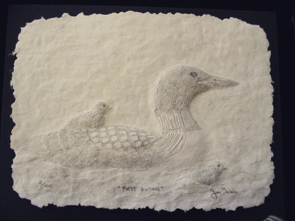 Jan Fitch uses the medium of cast paper sculpture to create striking art with birds as her primary subject.  The image is designed as a bas relief sculpture and in turn, created into a limited edition cast paper print of the original. Each piece is h