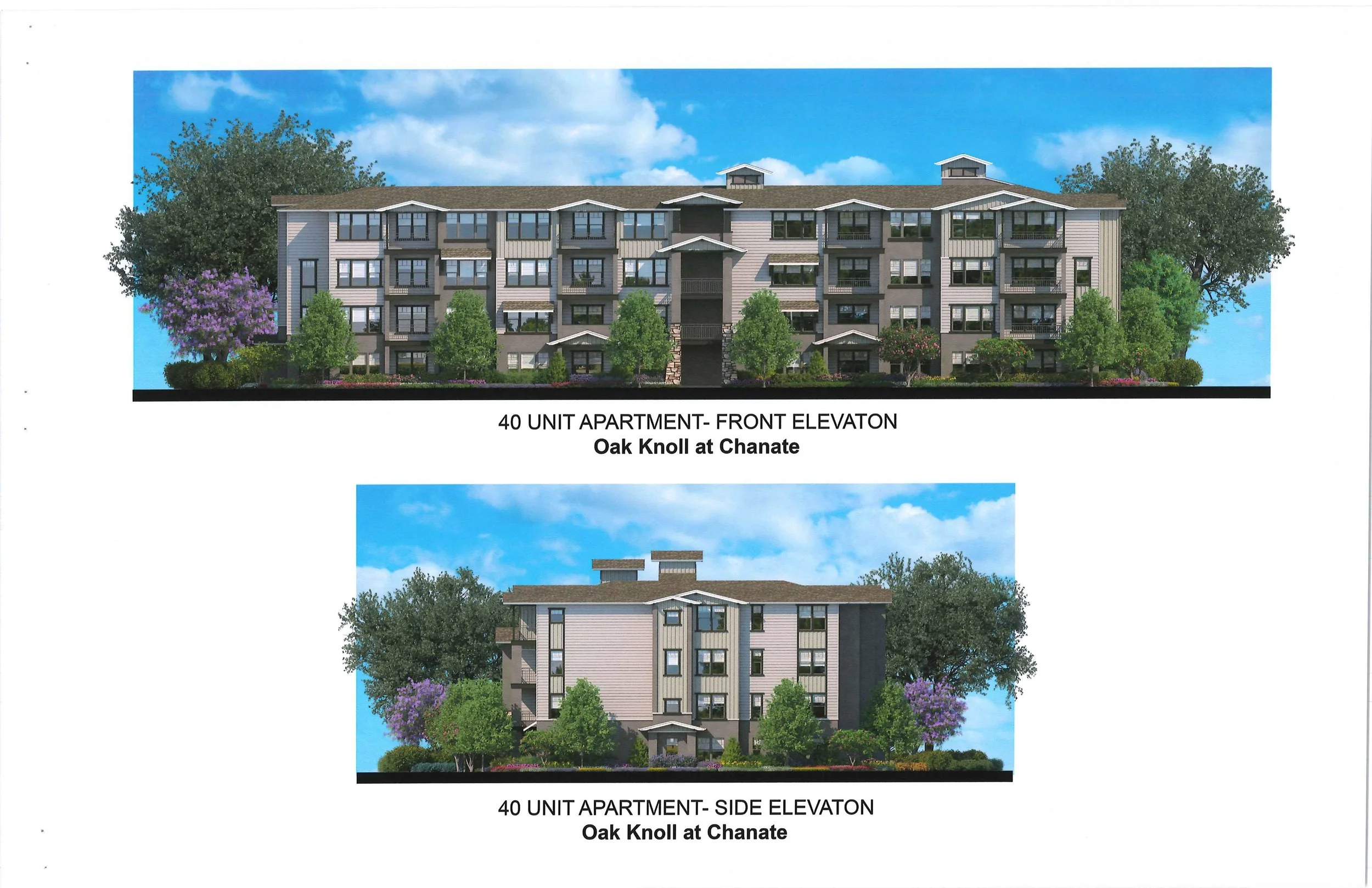This is the conceptual elevation of a four story apartment building with 40 units for the Senior Housing Facility in this development. Two 40 unit four story buildings and three 60 unit four story buildings are planned for the Senior Facility. A total of 260 Senior units are planned. 