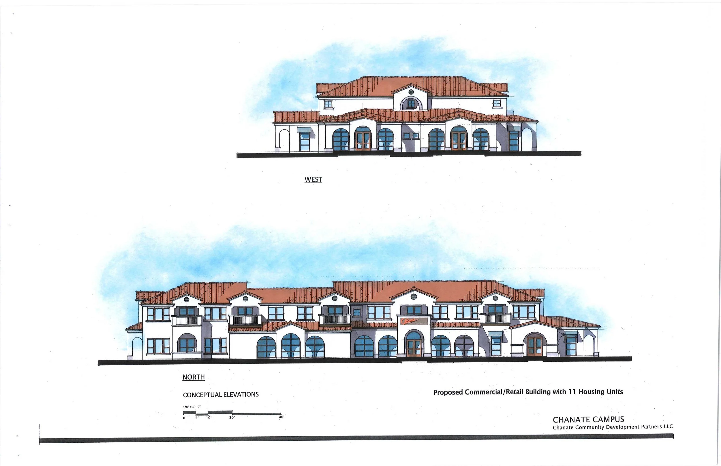 This is the conceptual elevation of the commercial building that will face Chanate road. It will house a grocery store along with other small businesses. Eleven housing units are planned for above the commercial entities.